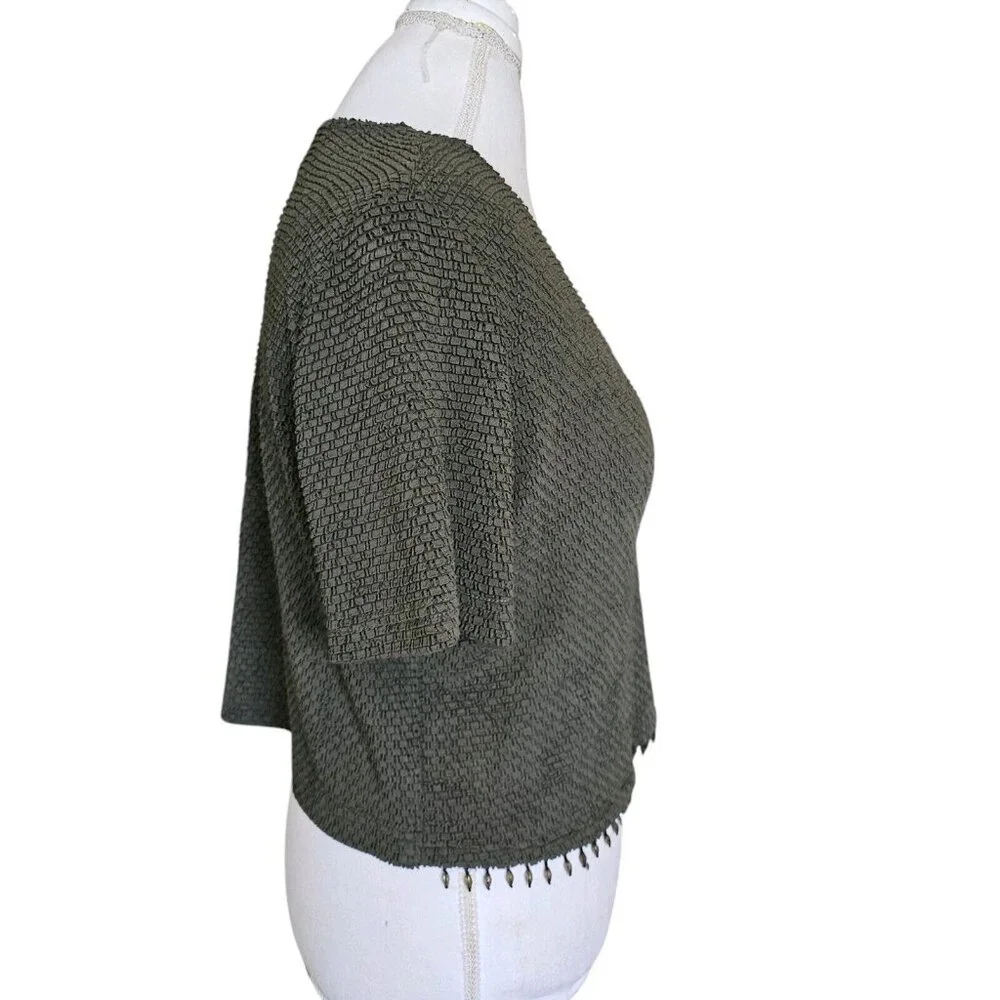 Vintage 90s Womens Dark Green Short Sleeve Cardigan Textured Beaded Semi Cropped